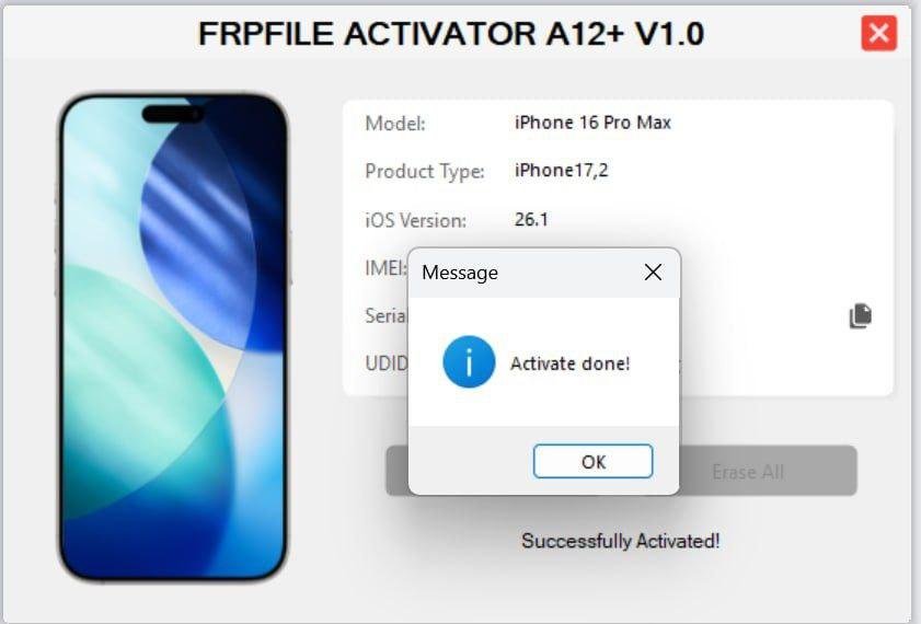 FRPFILE ACTIVATOR A12 + Bypass Hello Screen iPhone 11 to 16 Pro Max - IPad A12+ To M3 (iOS 26.0 to iOS 26.1) With iCloud· Service, Notification